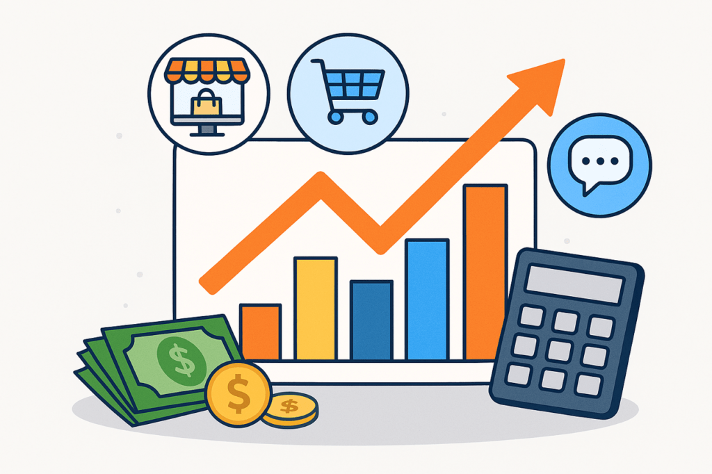 Ilustração moderna com gráfico de barras e ícones representando marketplace, loja virtual e redes sociais, sobrepostos a uma calculadora e dinheiro. Cores contrastantes, estilo limpo e profissional, que remete a estratégia e análise.