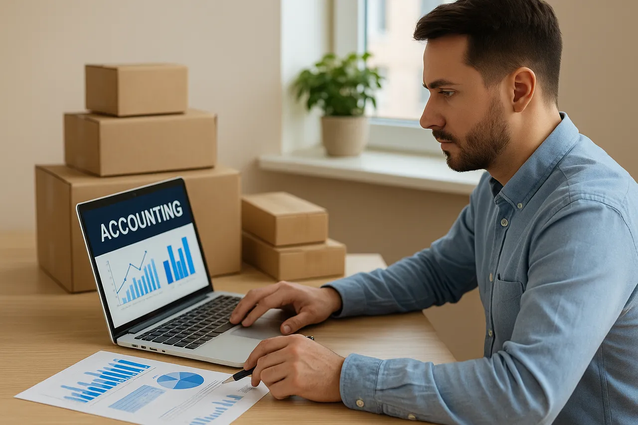 Imagem de um empreendedor usando notebook com gráficos fiscais e caixas de encomenda ao fundo, representando um e-commerce organizado.